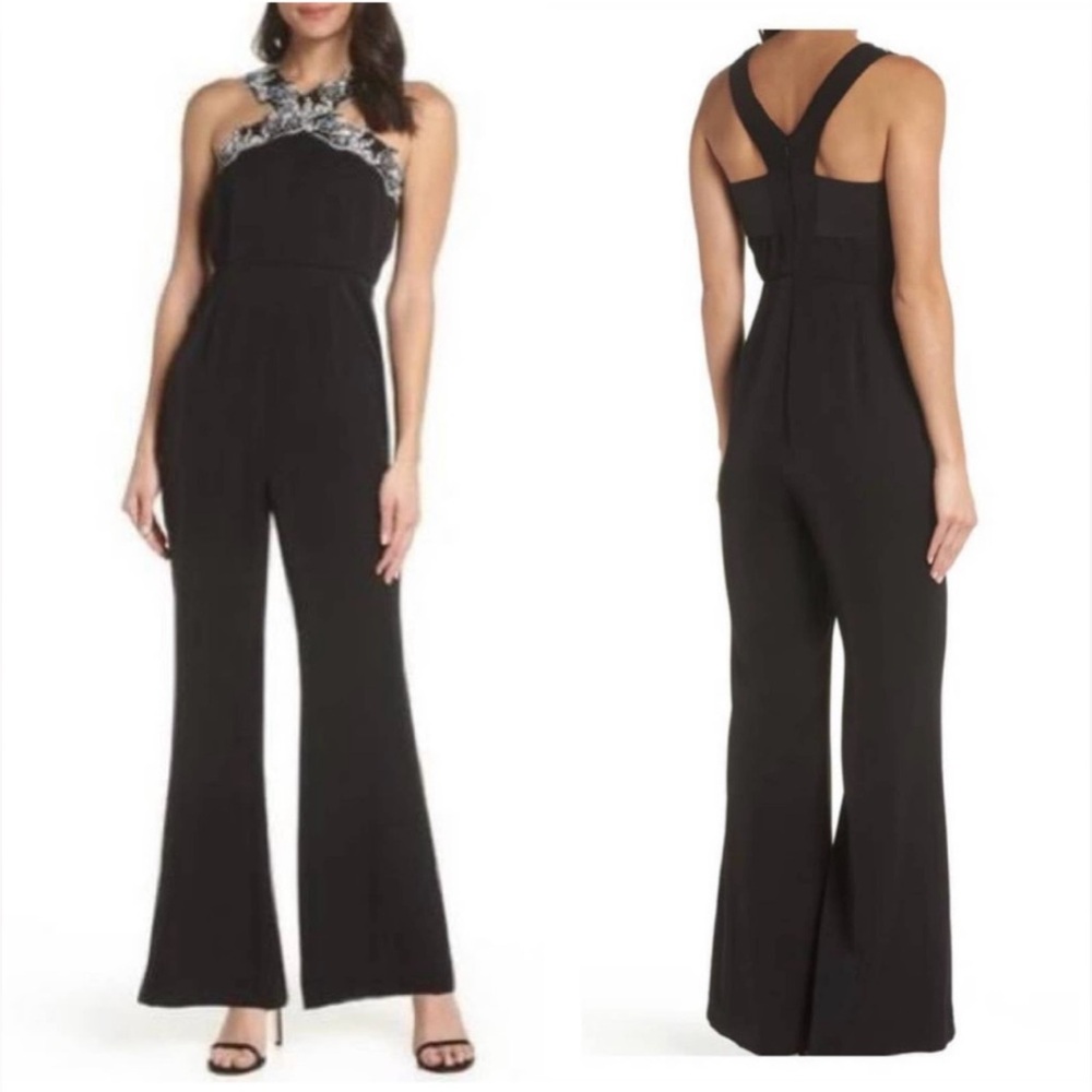 NWT Foxiedox Black Jumpsuit Flare Leg Halter Neck White Crochet Lace Size Large